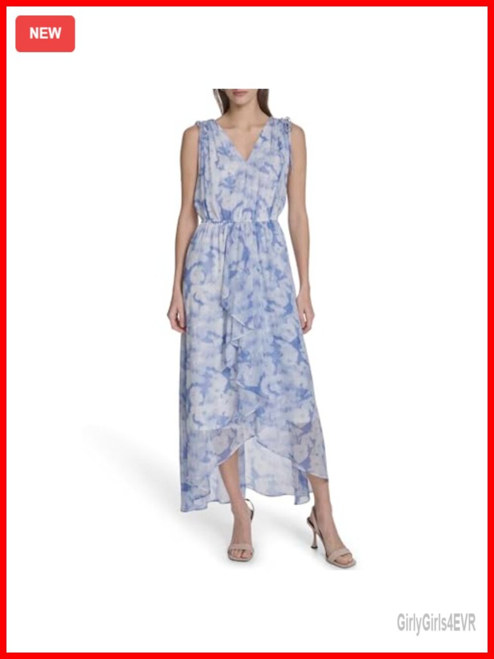 Sleeveless V-Neck Floral Chiffon A-Line Midi Dress